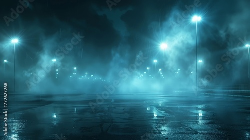 Futuristic empty night scene. Empty street scene background with abstract spotlights light.