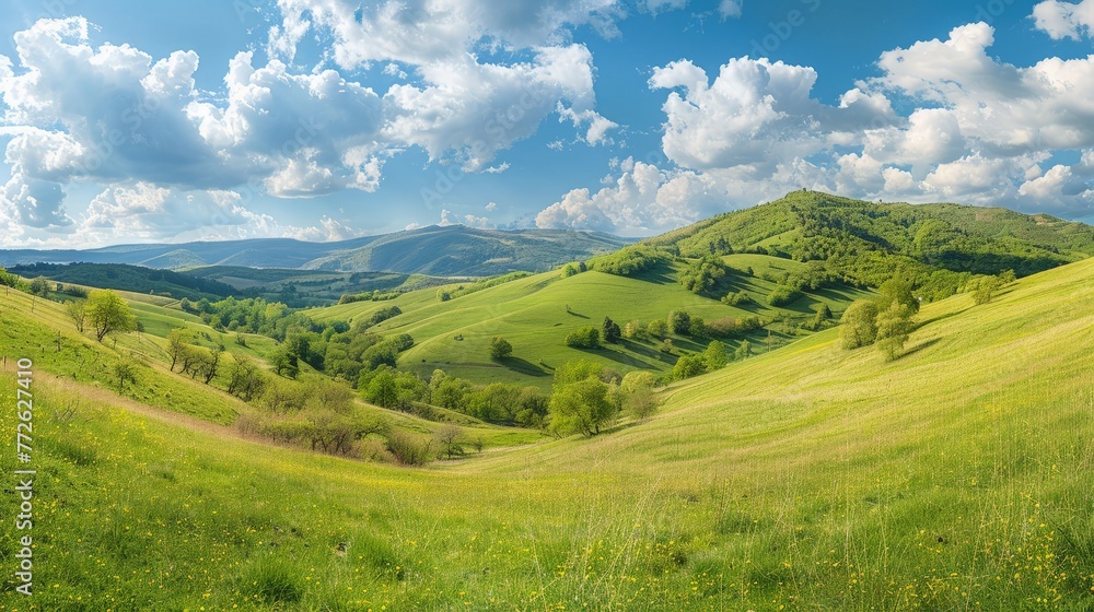 panorama of beautiful countryside of romania. sunny afternoon. wonderful springtime landscape in mountains.