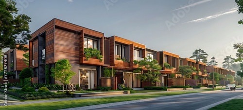 Evening view of the beautiful houses of modern wooden townhouses architecture facades surrounded by greenery environment creating eco-friendly sustainable living photo