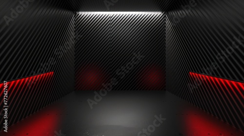 Studio interior with carbon fiber texture. Modern carbon fiber textured red black interior with light.