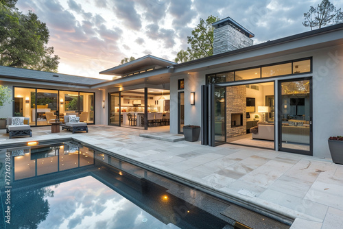 A harmonious blend of an ultra-modern house and its outdoor setting, with a patio and pool that reflect the home's sophisticated style,  photo
