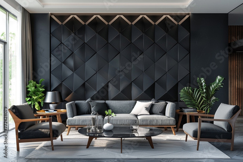 A high-definition image of a contemporary living room with a black geometric-patterned wall, serving as a sophisticated backdrop for mid-century modern furniture. 32k, full ultra hd, high resolution photo