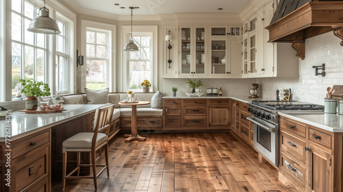 A kitchen design that blends warmth and modernity, featuring rich wooden floors, a cozy breakfast nook with banquette seating, and innovative storage solutions hidden within sleek cabinetry. 