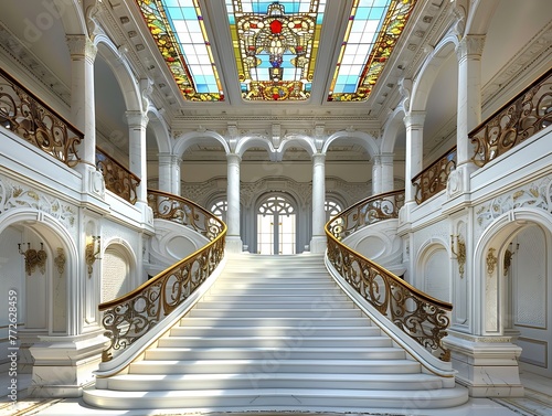 A grand staircase in the entrance hall of a luxury mega mansion featuring white marble stairs, intricate ironwork railings and stained glass skylight. Showcasing architectural beauty.