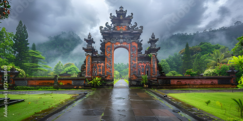 Traditional Balinese Hindu gate at rainy summer day with clouds - Candi Bentar, Bedugul in Bali, Indonesia. generative ai 
