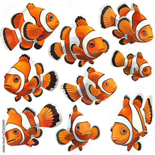 Clipart illustration featuring a various of clownfish on white background. Suitable for crafting and digital design projects.[A-0002]