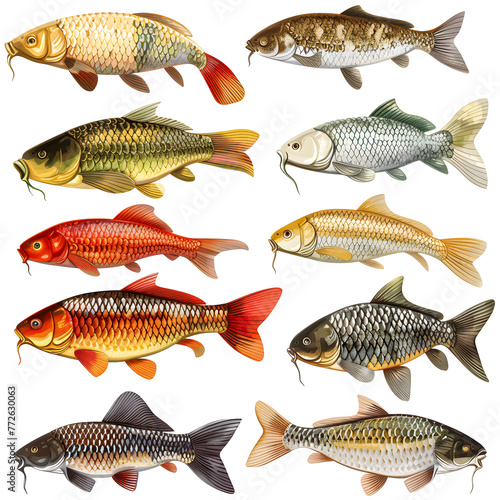 Clipart illustration featuring a various of carp on white background. Suitable for crafting and digital design projects.[A-0001]