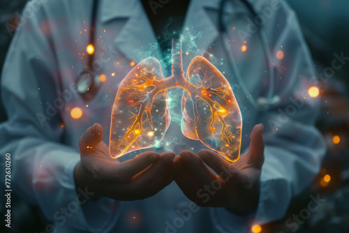 A lungs is cradled in the hands of a person in a white lab coat photo