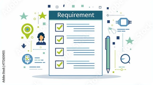 the text Requirement , checklist with checkboxes representing the concept of  skills, qualifications, and experience requirements.
 photo