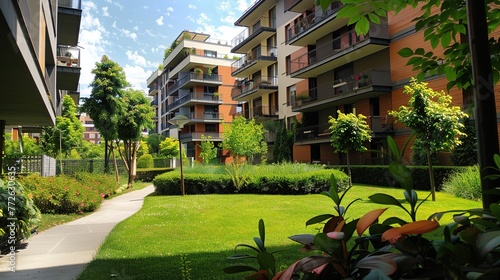 Modern residential buildings in a green area of the city. European apartment houses. Milan, Italy in the summer. And trees and grass in the walking area.