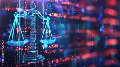 Law scales on background of data center. Digital law concept of duality of Judiciary, Jurisprudence and Justice and data in the modern world. Copy space. Based on Generative AI