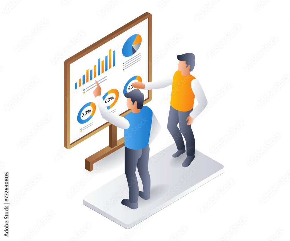 The team is in a meeting analyzing the company's business development data, flat isometric 3d illustration The team is in a meeting analyzing the company's business development data, flat isometric 3d illustration