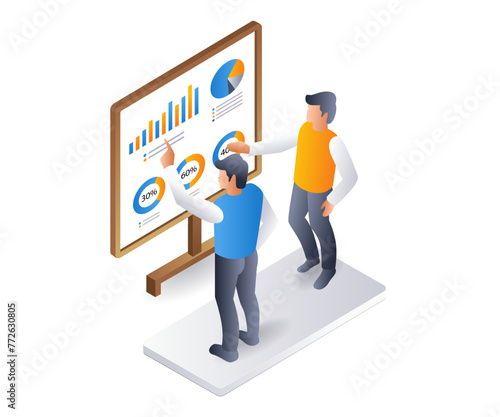 The team is in a meeting analyzing the company's business development data, flat isometric 3d illustration