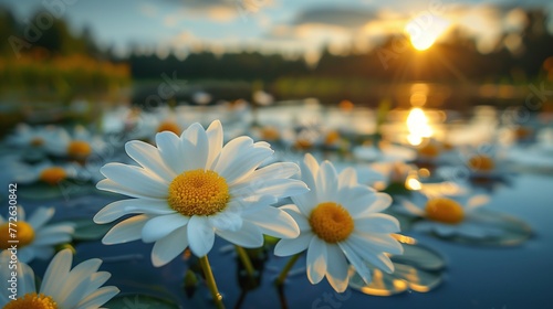 Sunset Serenity: Daisies Reflecting in Pond