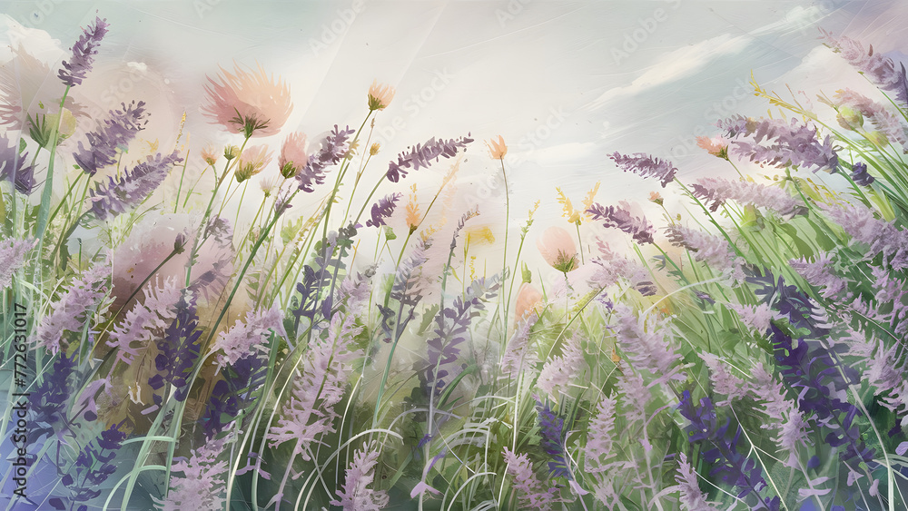 Obraz premium A stunning watercolor illustration featuring a serene landscape with wildflowers swaying gently in the soft breeze.