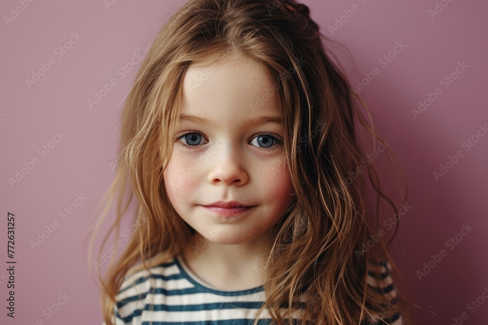 Portrait of a little girl with long hair on a pink background Portrait of a little girl with long hair on a pink background
