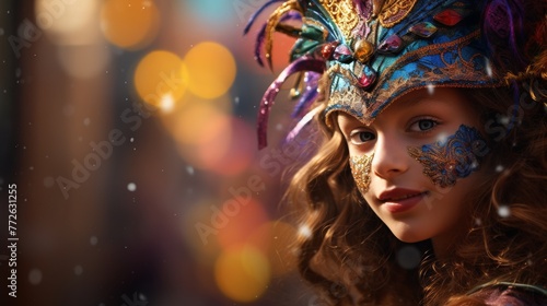 Girl dressed up for the Mardi Gras holiday, on the background of a bokeh