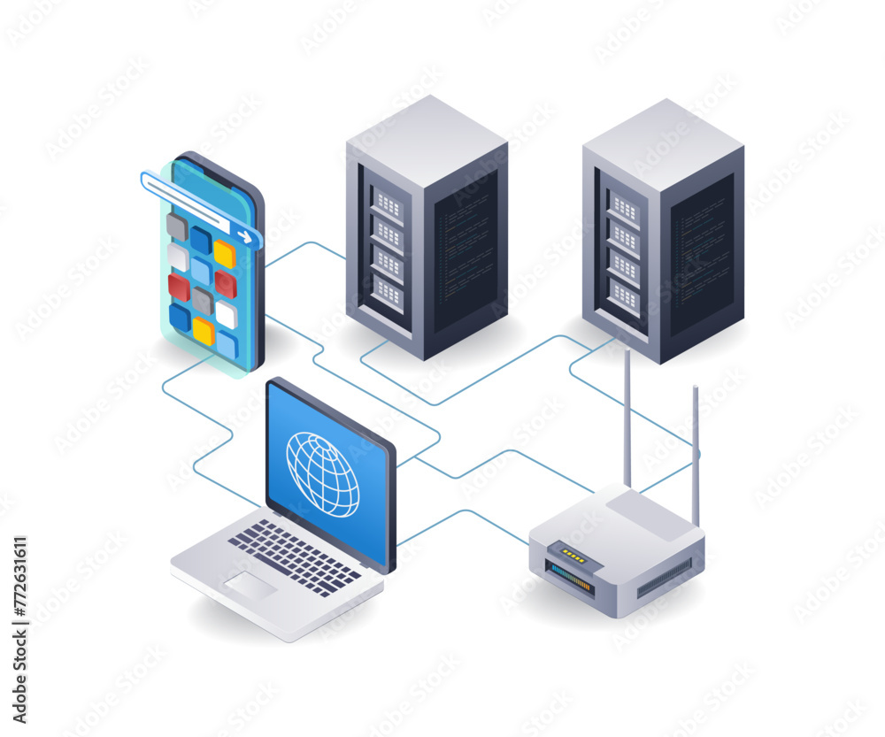 Wifi network tethering router internet computer data server concept, flat isometric 3d illustration Wifi network tethering router internet computer data server concept, flat isometric 3d illustration