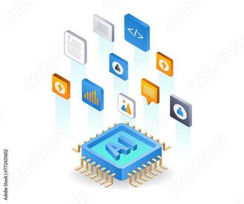 With artificial intelligence create an application, flat isometric 3d illustration