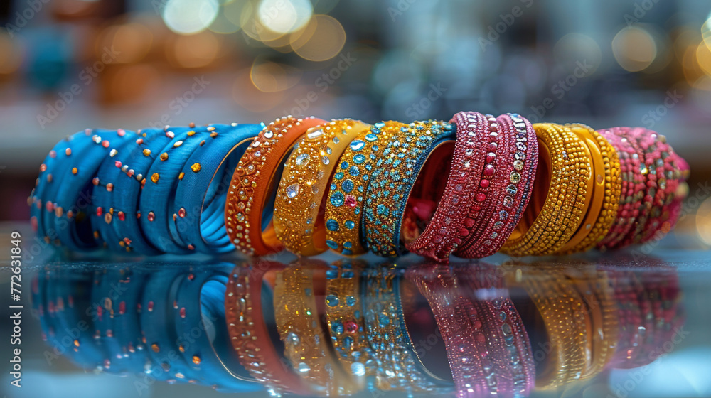 A collection of colorful bangles and bracelets, part of an Eid girl's accessories, arranged artistically on a reflective glass table.