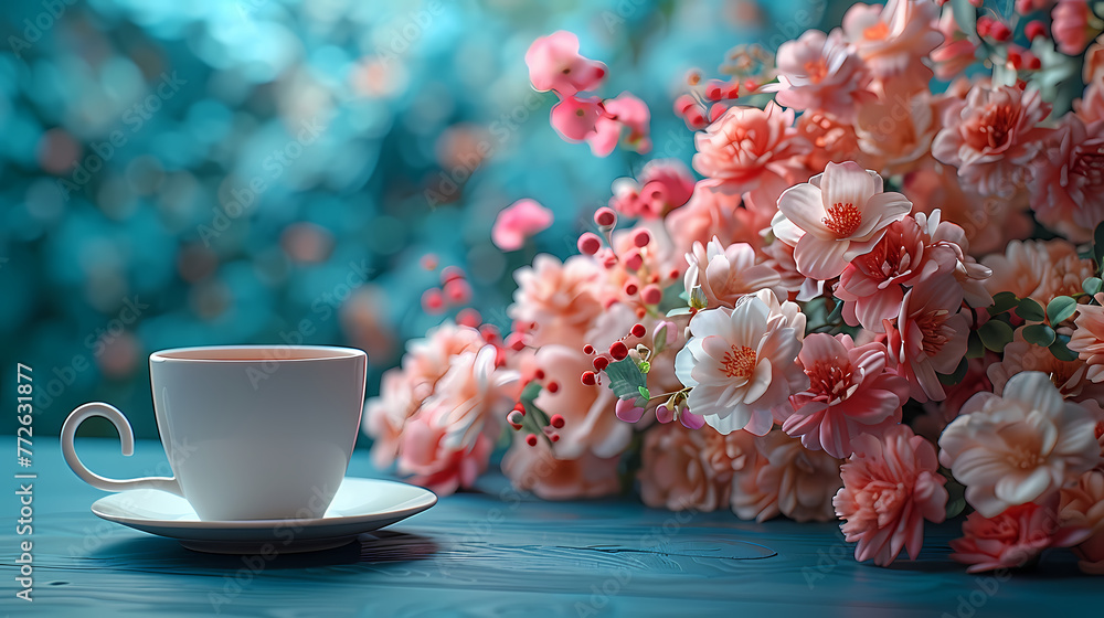 An aesthetically pleasing scene featuring a classic teacup among delicate floral arrangements - obrazy, fototapety, plakaty 