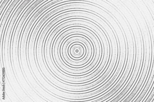 Radial halftone gradient background. Dotted concentric texture with fading effect. Black and white circle shade wallpaper. Grunge rough vector. Monochrome backdrop for various purpose.