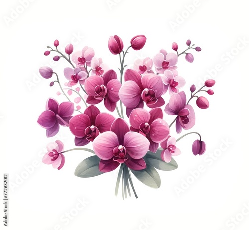 Pink Orchid Bouquet with Satin Bow Illustration   A delicate illustration of a pink orchid bouquet tied with a satin bow  capturing the essence of a gentle and elegant floral gift. 