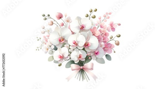 Pastel Pink and White Orchid Bouquet Illustration   An illustration of a lush bouquet featuring white orchids with pink accents  tied by a soft pink ribbon  evoking a sense of romantic delicacy. 