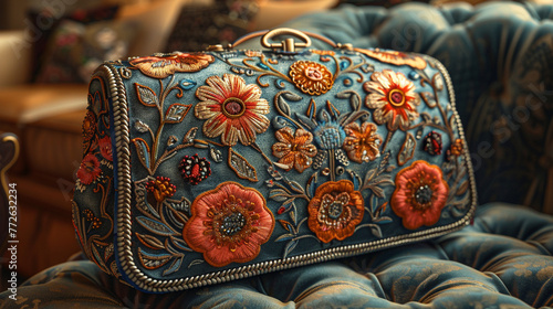 A velvet cushion holds an opulent clutch purse for an Eid girl, embellished with beautiful stitching and made of exotic leather.