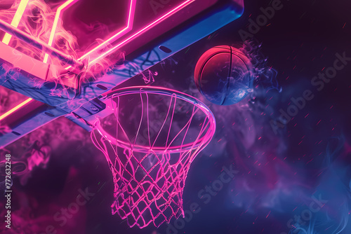 An alluring image of a basketball hoop under the spell of neon lighting, creating a visually captivating and modern sports scene