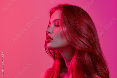 model beautiful woman with solid color background. hair. lifestyle
