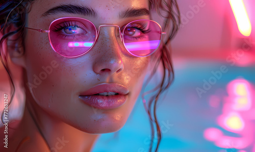 Close-up image of a woman's face with pink sunglasses reflecting neon lights