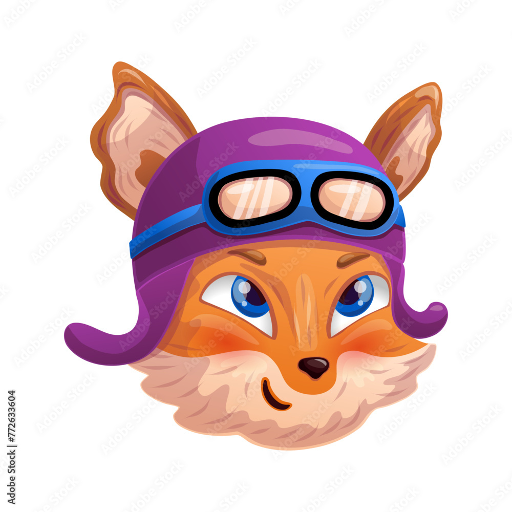 Funny cartoon fox head in retro helmet as a biker, racer, pilot. Vector illustration. Funny cartoon fox head in retro helmet as a biker, racer, pilot. Vector illustration.