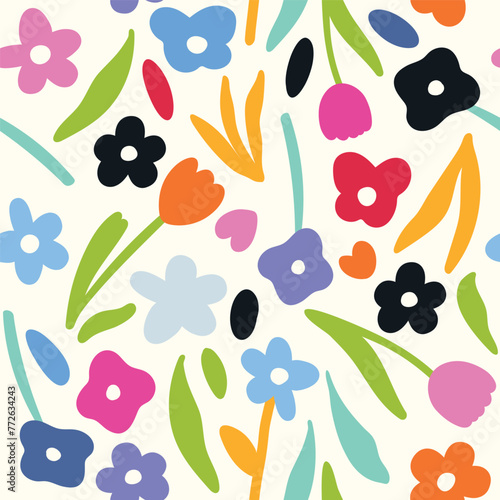 Colorful abstract seamless pattern. Vector floral wallpaper in doodle style with flowers and leaves. Gentle floral background. Print for fabric, paper, kids clothes and accessories