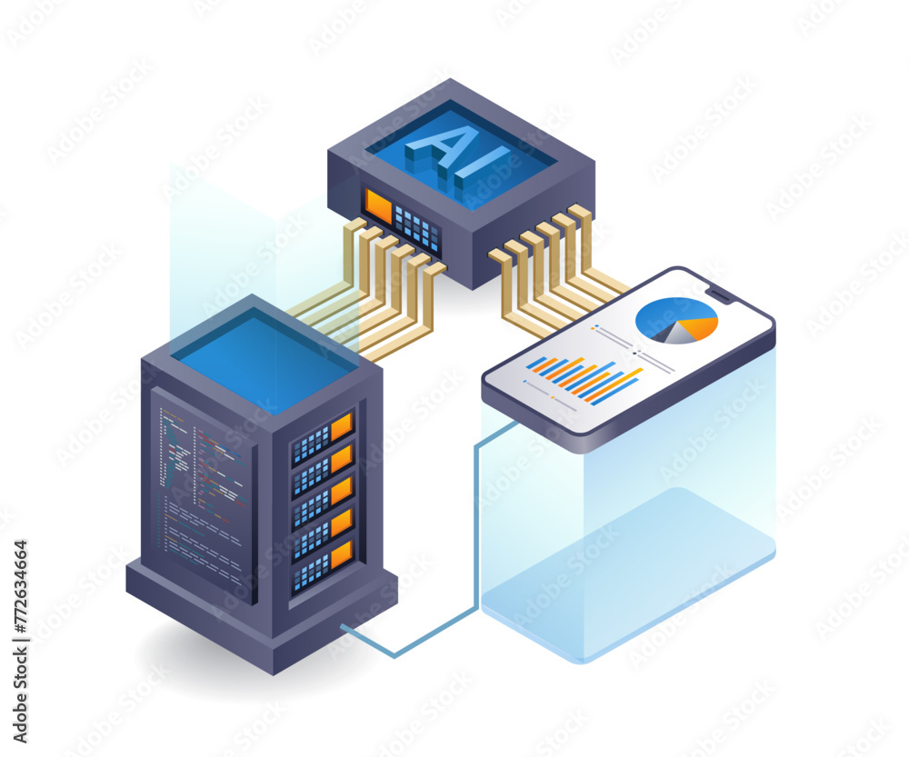 Smartphone analyst programmer artificial intelligence cloud server, flat isometric 3d illustration Smartphone analyst programmer artificial intelligence cloud server, flat isometric 3d illustration