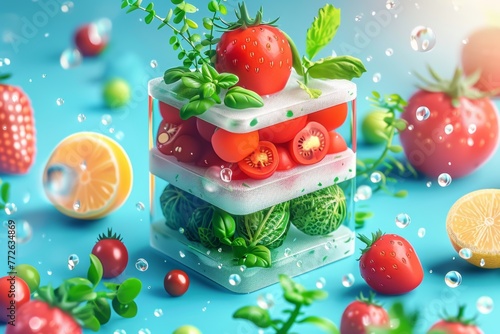 A close up of a fruit salad with a blue background. The salad is made up of a variety of fruits and vegetables, including tomatoes, strawberries, and oranges. Concept of freshness and health