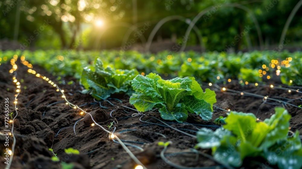 A field of lettuce is illuminated by the sun. The plants are growing in a field with a wire fence A field of lettuce is illuminated by the sun. The plants are growing in a field with a wire fence