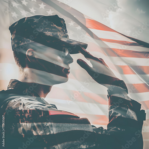 Double exposure Soldier saluting the American Flag 