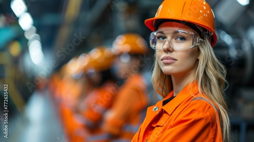 A woman in a safety helmet and orange vest stands in front of a group of other people in orange