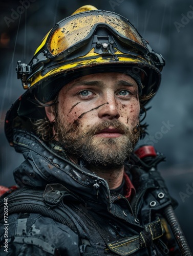 A firefighter with a yellow helmet and goggles is standing in front of a fire. The man has a beard and a mustache, and his face is covered in dirt and sweat