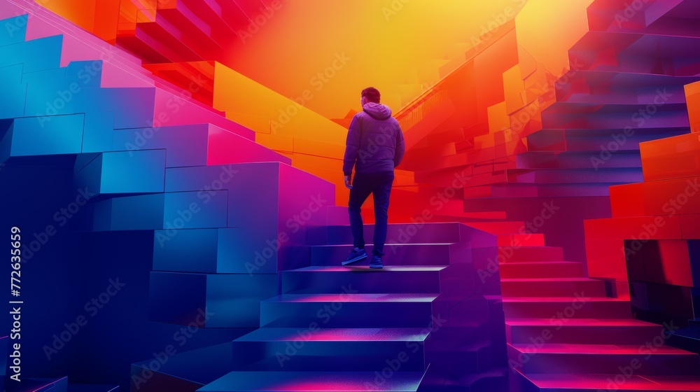 A man is walking up a staircase in a colorful building. The building is made of blocks and has a neon glow. The man is wearing a hoodie and he is looking up at something