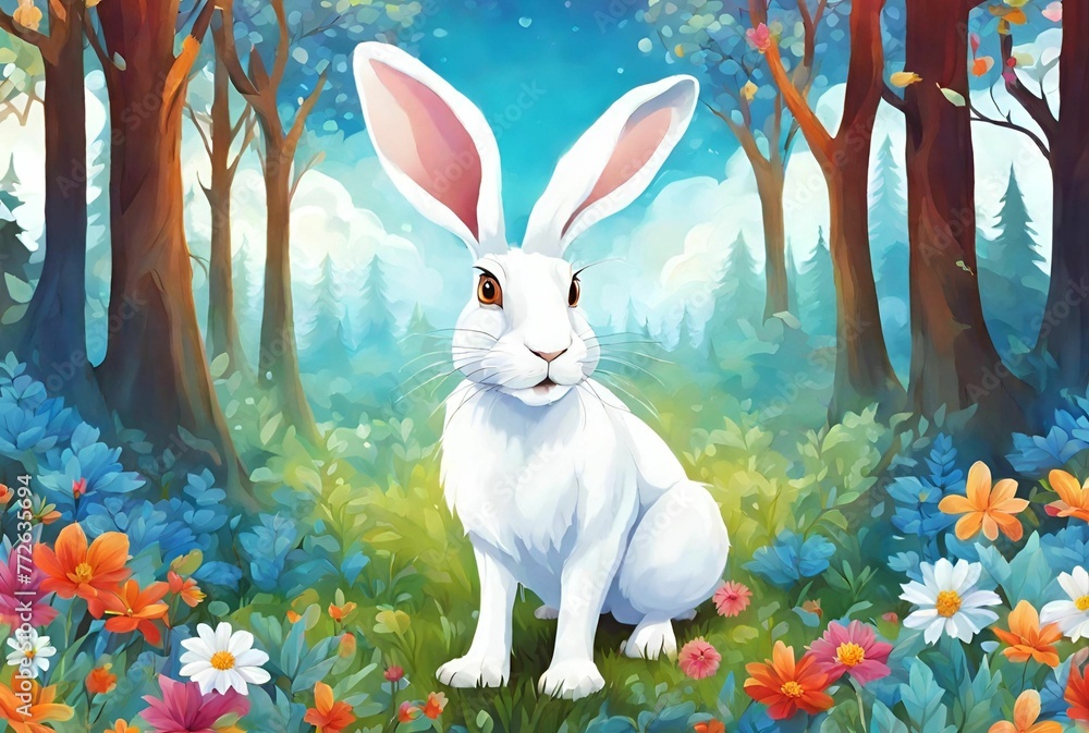 White hare in the forest nature illustration White hare in the forest nature illustration