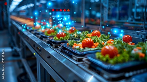 A conveyor belt with a variety of food items including tomatoes, carrots, and lettuce. The food is being prepared for a restaurant or a cafeteria photo