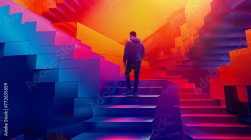 A man is walking up a staircase in a colorful building. The building is made of blocks and has a neon glow. The man is wearing a hoodie and he is looking up at something photo