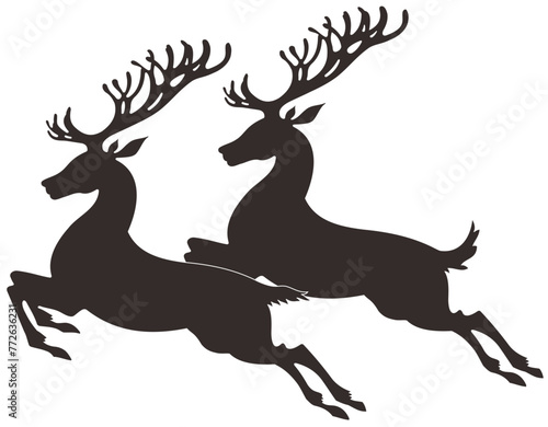 Vector silhouette of two big deer jumping on transparent background