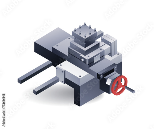 Manual lathe machine part tool post, flat isometric 3d illustration
