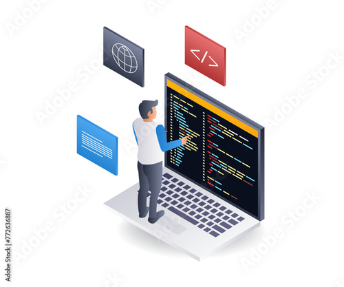 Programmer is completing his assignment, flat isometric 3d illustration