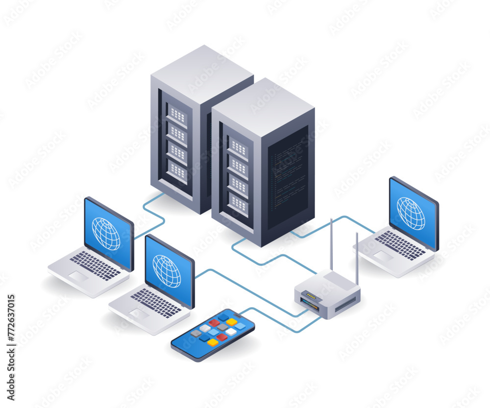 Network router tethering internet server computer concept, flat isometric 3d illustration