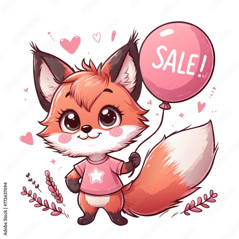 Cute cartoon fox with pink balloon that says 