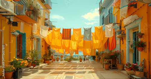 A charming European alley basked in sunlight with vibrant yellow buildings and hanging laundry creates a homey atmosphere photo
